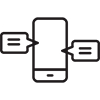 Icon bestehend aus schwarzer Kontur: Ein Handy um das links und rechts zwei Textblasen kommen