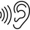 Icon bestehend aus schwarzer Kontur: ein Ohr und eine Schallwelle stehen sich gegenüber