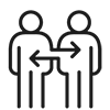 Icon bestehend aus schwarzer Kontur: Zwei Menschen, die durch einen Pfeil verbunden sind